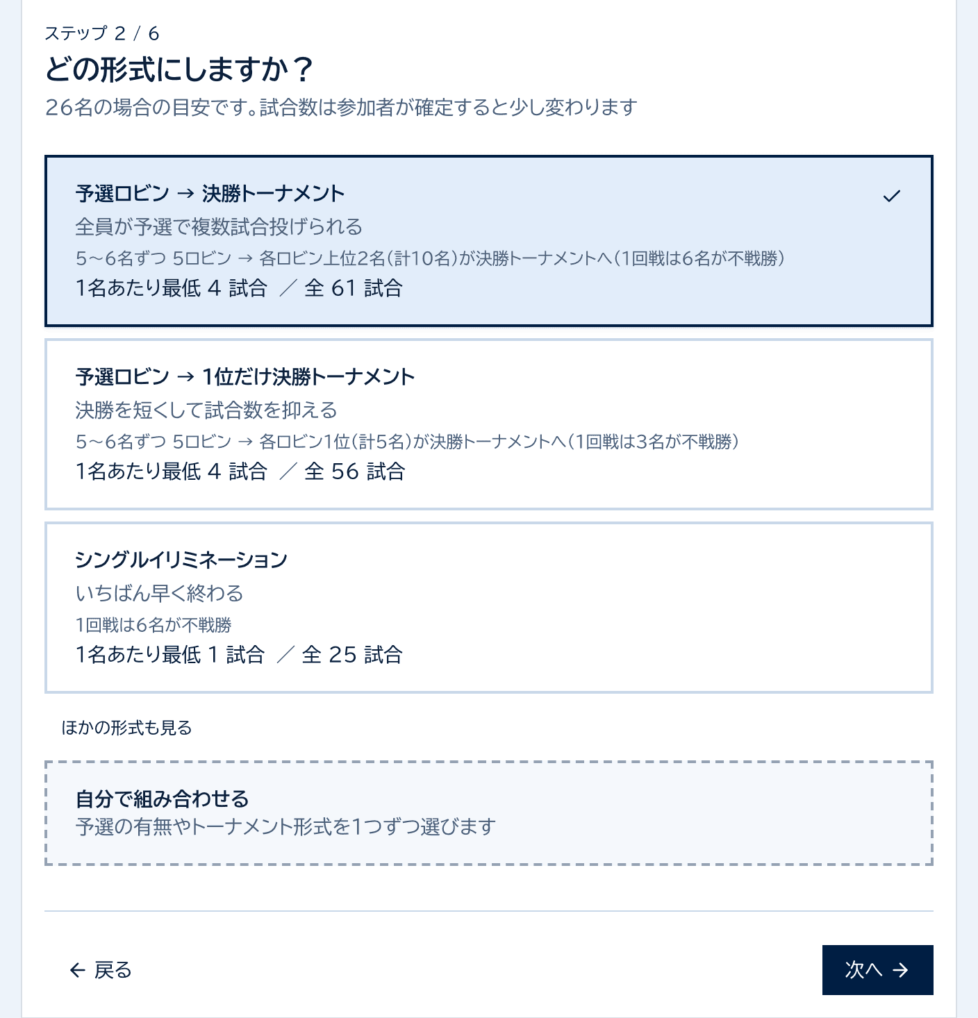 大会作成のステップ2。人数に合う形式が、1人あたりの最低試合数と総試合数つきで並ぶ