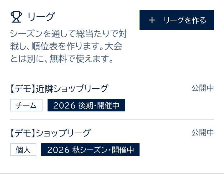 お店のページのリーグのカード。リーグを作るボタンと、作ったリーグの一覧
