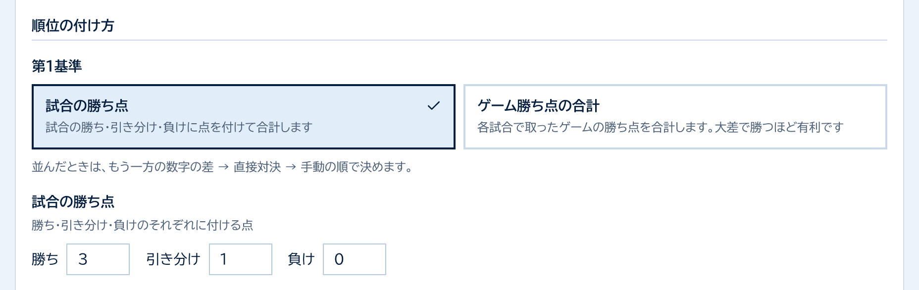 順位の付け方。第1基準と、勝ち・引き分け・負けの点数