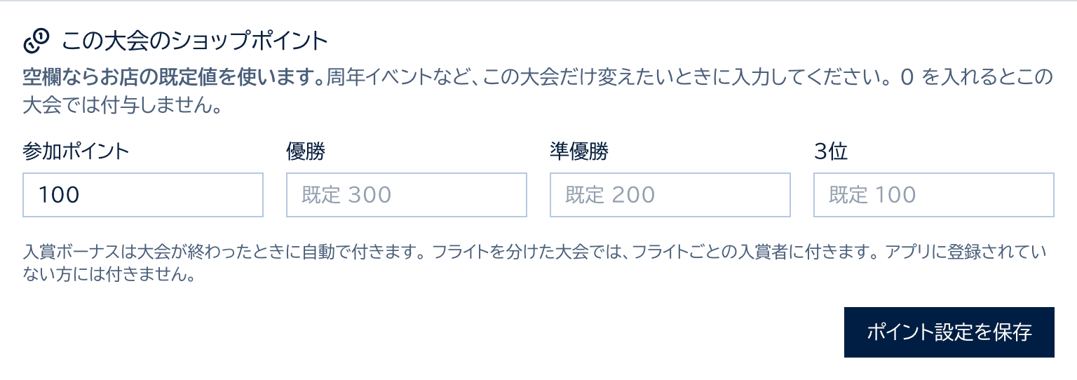 大会設定のこの大会のショップポイント。参加ポイントだけ100と入力し、優勝・準優勝・3位は既定値のまま