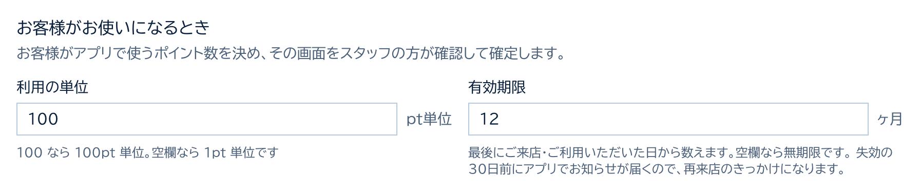 お客様がお使いになるときのカード。利用の単位100pt、有効期限12ヶ月