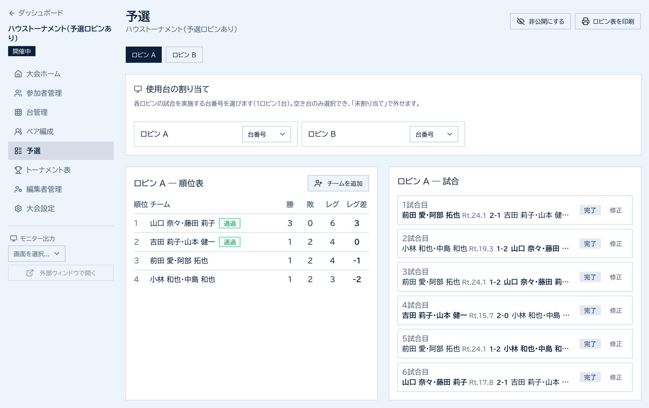 予選の画面。ロビンAからDのタブ、使用台の割り当て、ロビンAの順位表と試合一覧