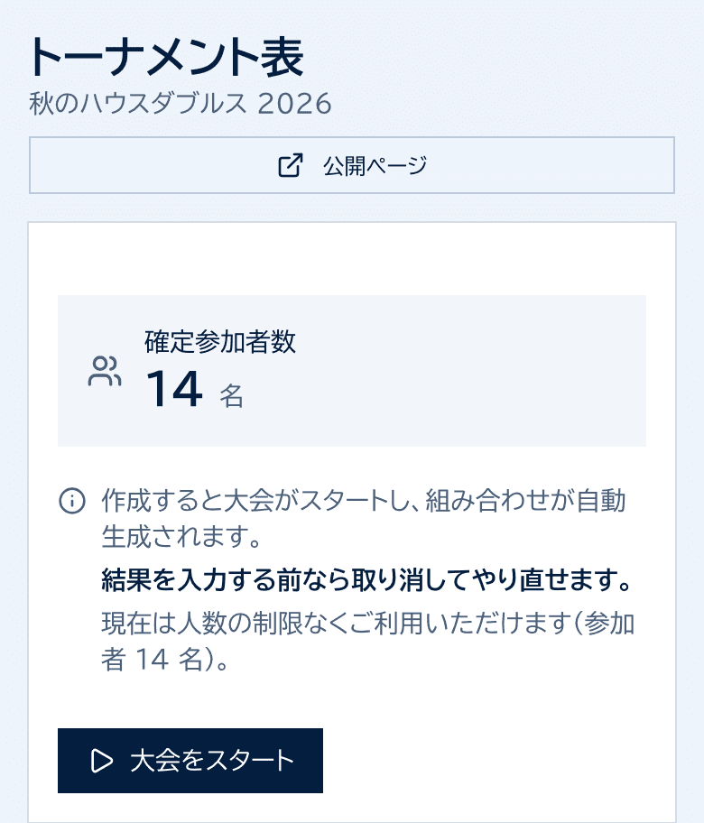 トーナメント表のページ。確定参加者数14名と、大会をスタートのボタン
