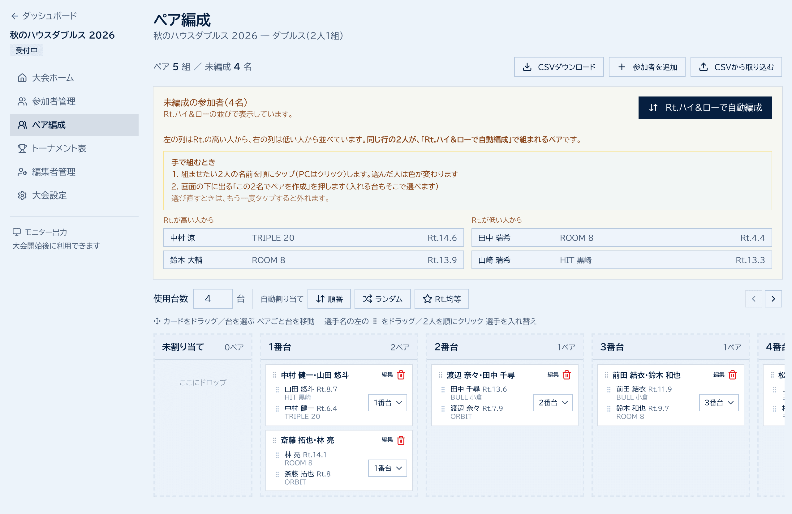 ペア編成の画面。上に未編成の参加者4名がRt.の高い人・低い人の2列で並び、下に1番台・2番台などの台ごとにペアのカードが並ぶ