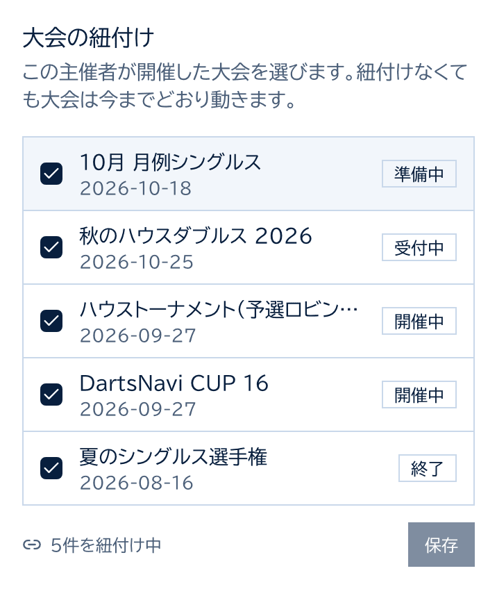 大会の紐付け。お店の大会がチェックボックス付きで並び、5件を紐付け中と表示されている